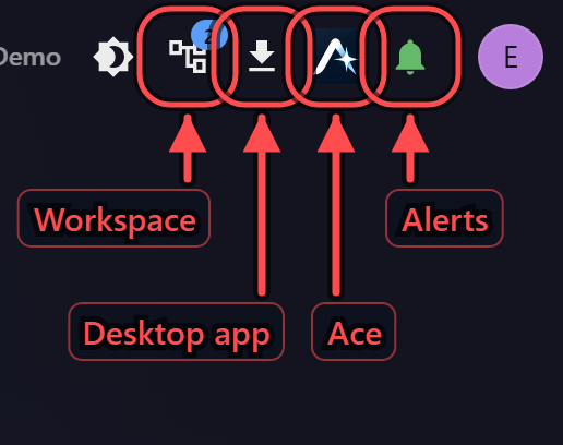 The title bar with each control named: Settings, Workspace, Desktop app, Ace and Alerts