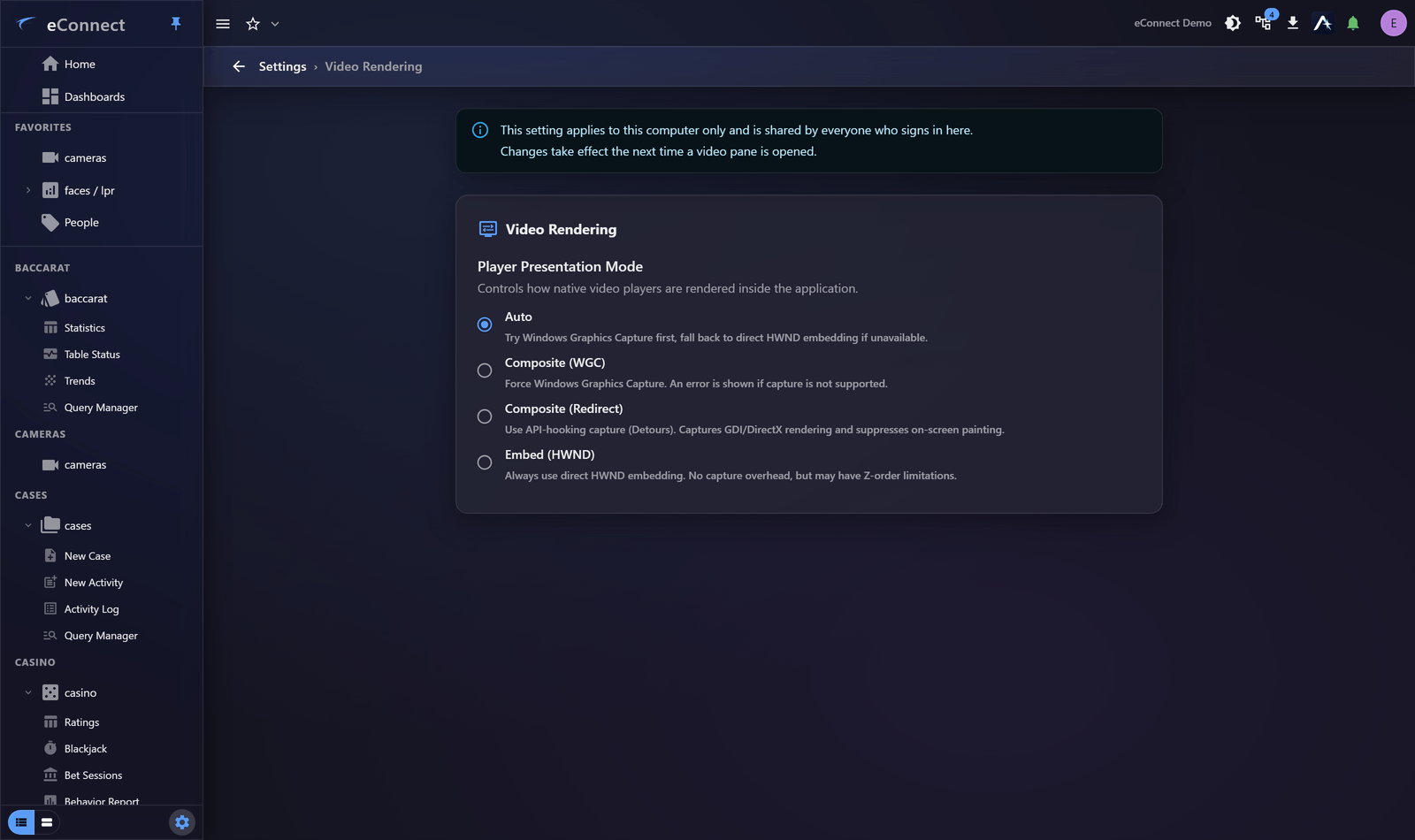 The Video Rendering settings page