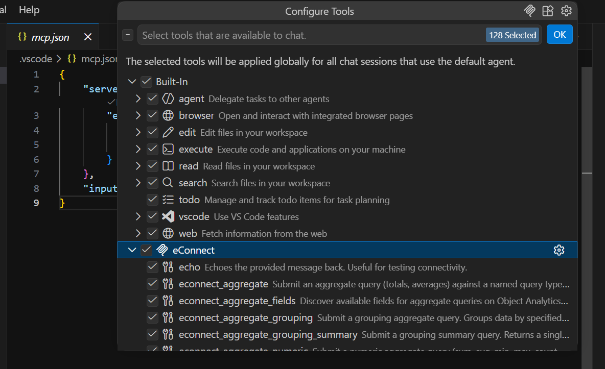 VS Code Copilot Agent mode with eConnect MCP tools connected and listed