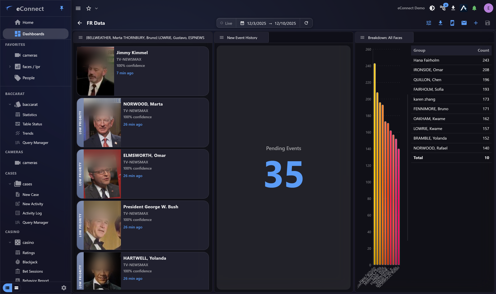 An FR Live widget, showing recognition events as they arrive